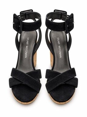 Stuart Weitzman Navy Suede Cork-Wedge Ankle-Strap Sandals